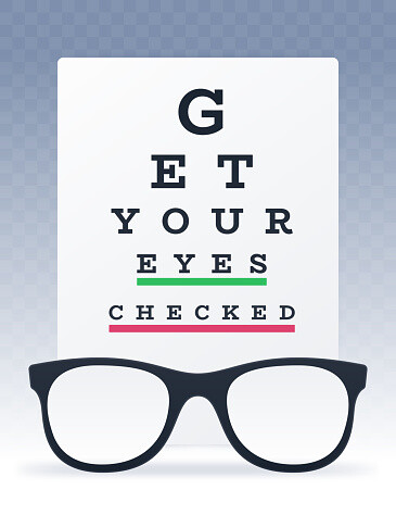 eye chart saying Get Your Eyes Checked and a pair of black glasses infront